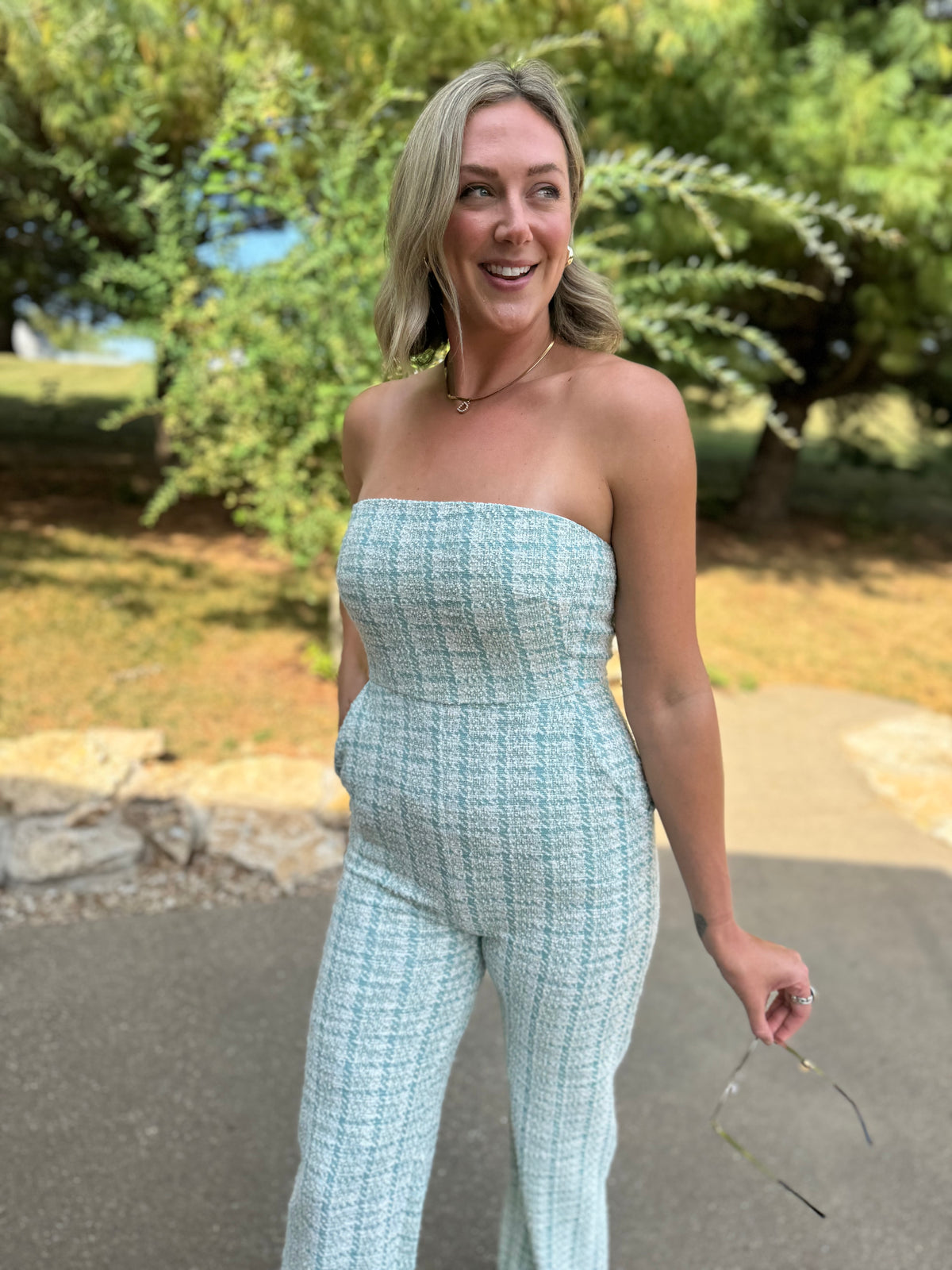 Teal Houndstooth Strapless Jumpsuit