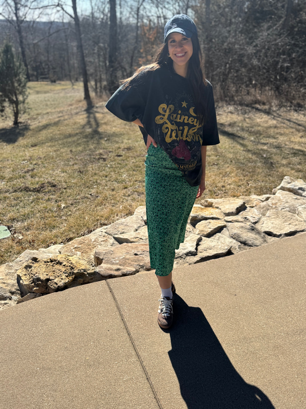 Green Floral Print Midi Skirt