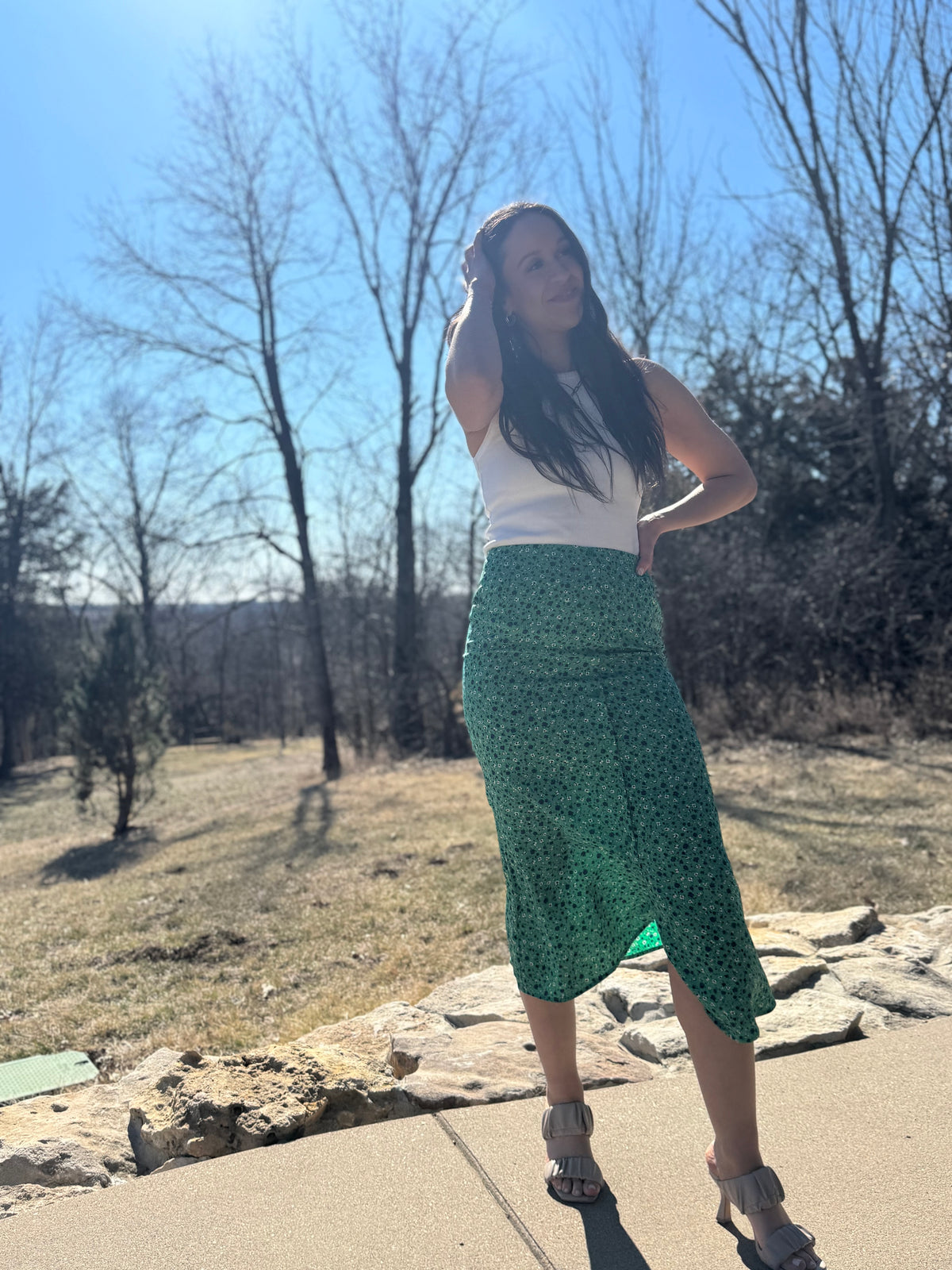 Green Floral Print Midi Skirt