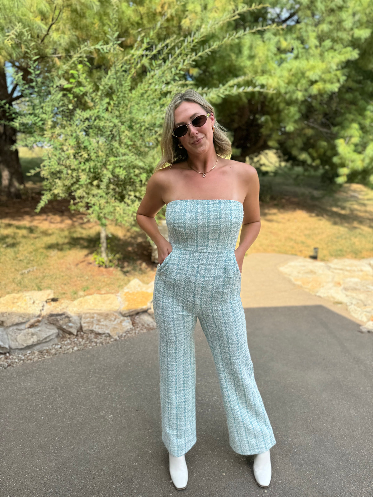 Teal Houndstooth Strapless Jumpsuit