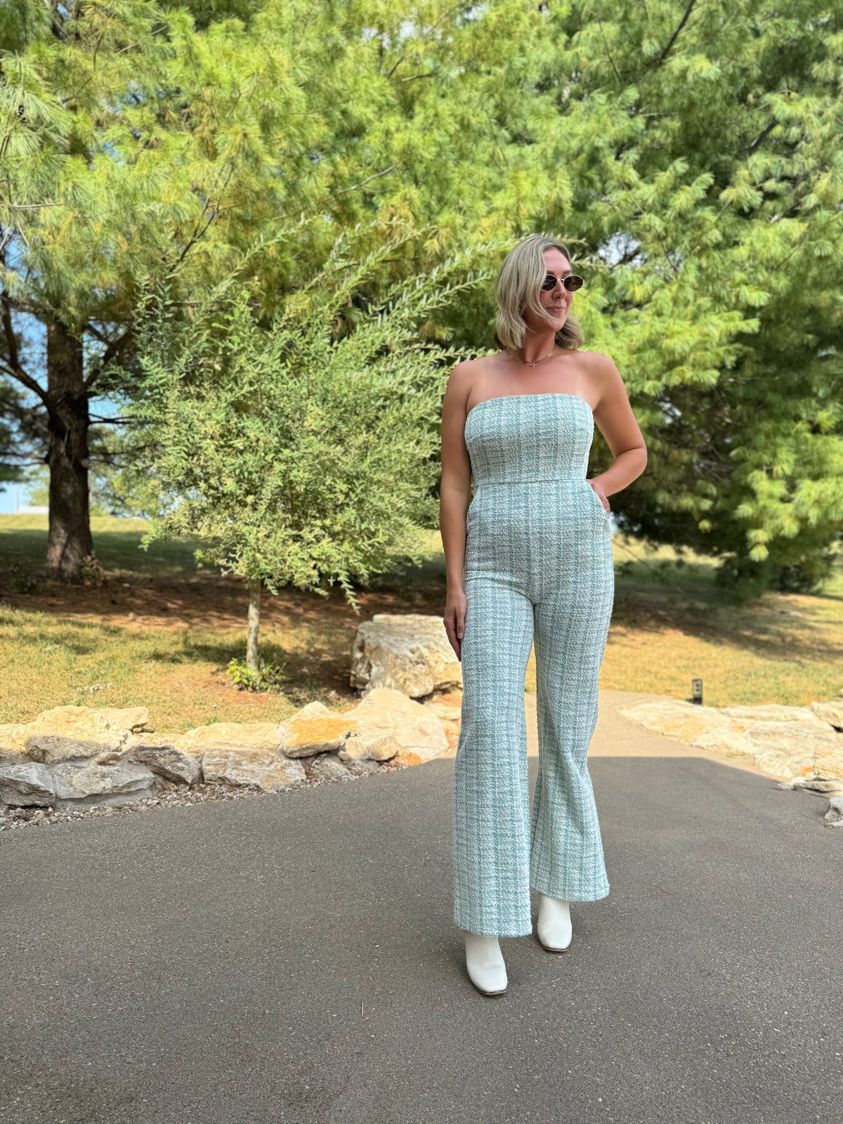 Teal Houndstooth Strapless Jumpsuit