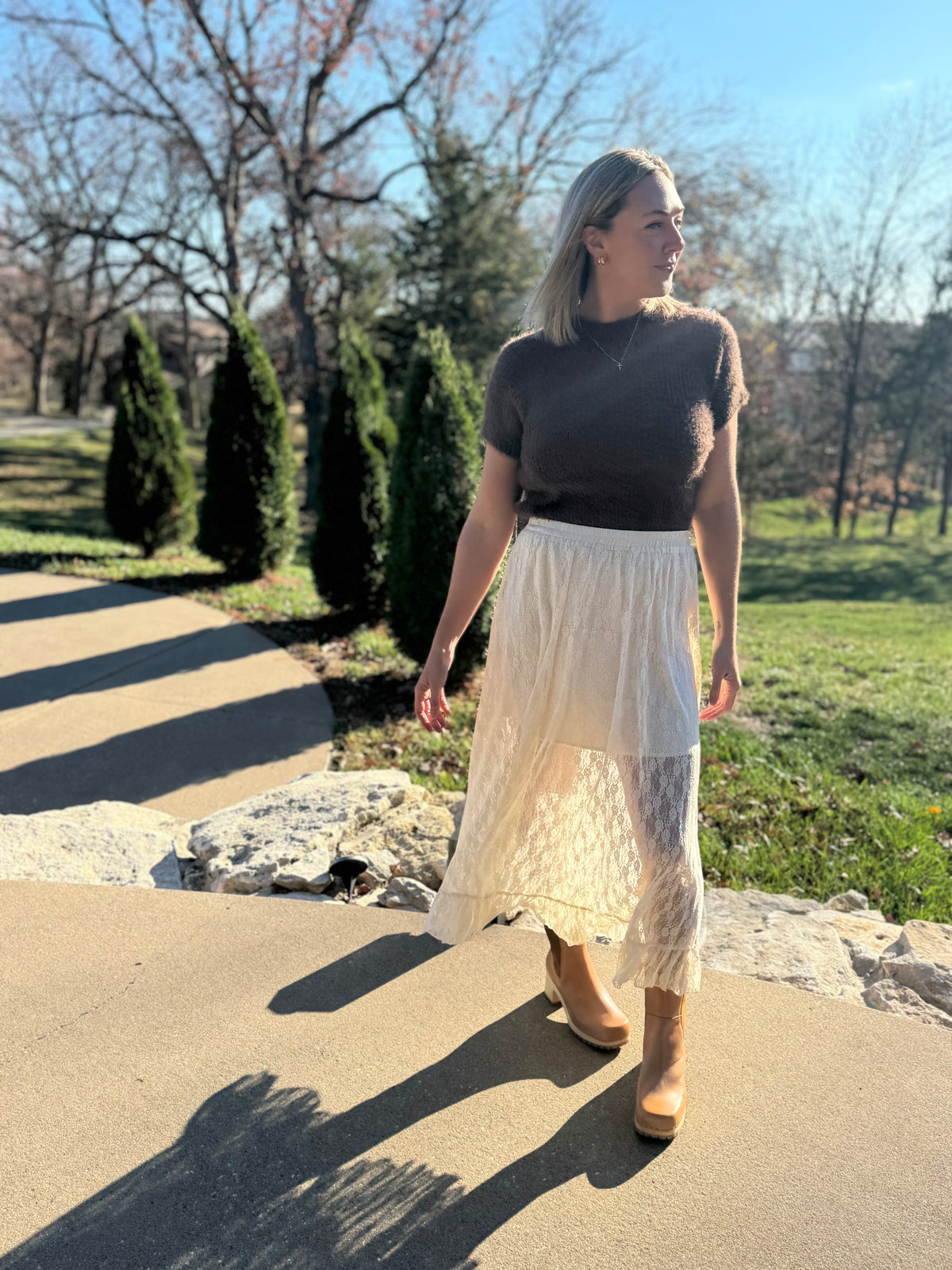 Cream Lace Midi Skirt