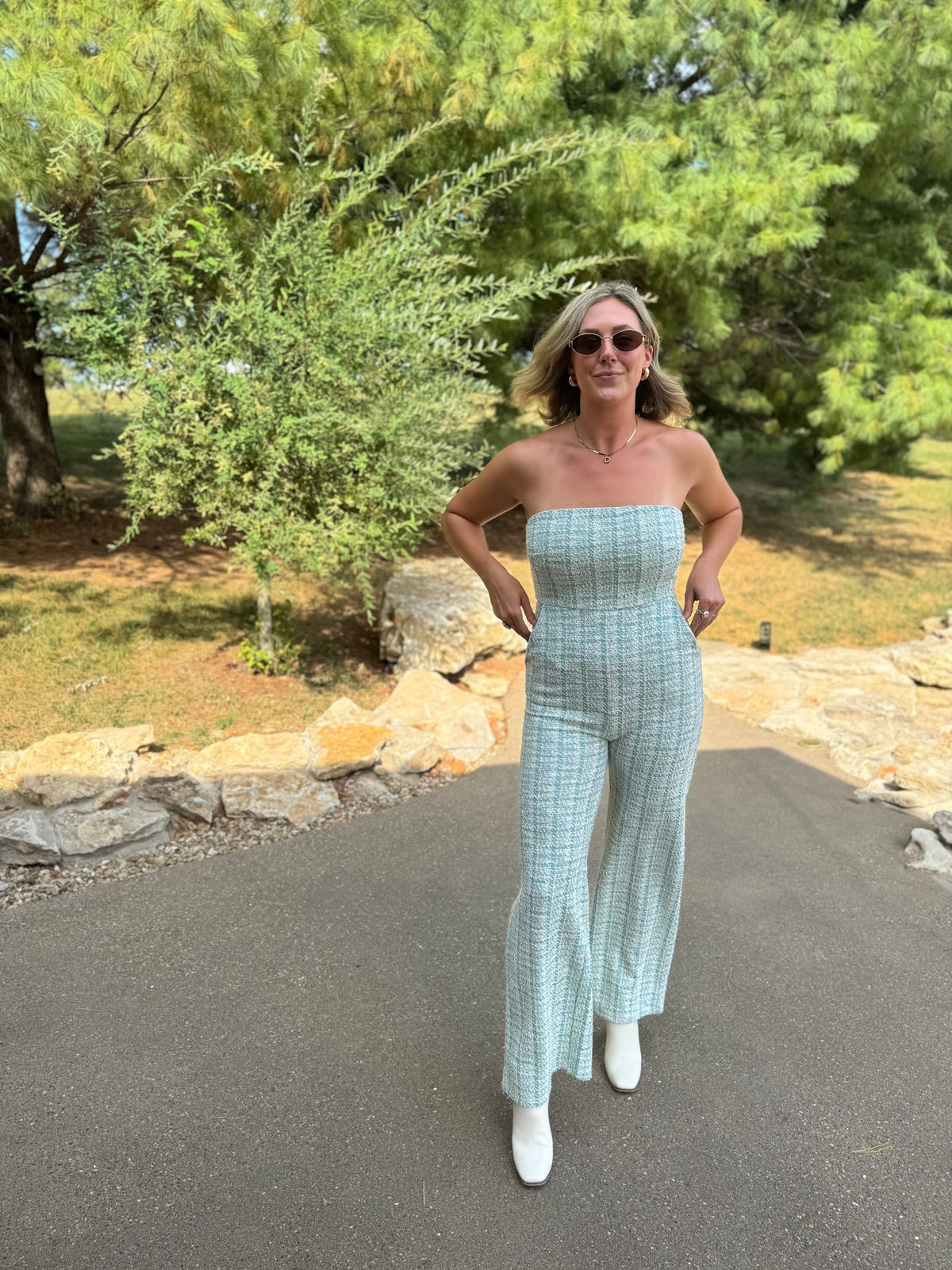 Teal Houndstooth Strapless Jumpsuit