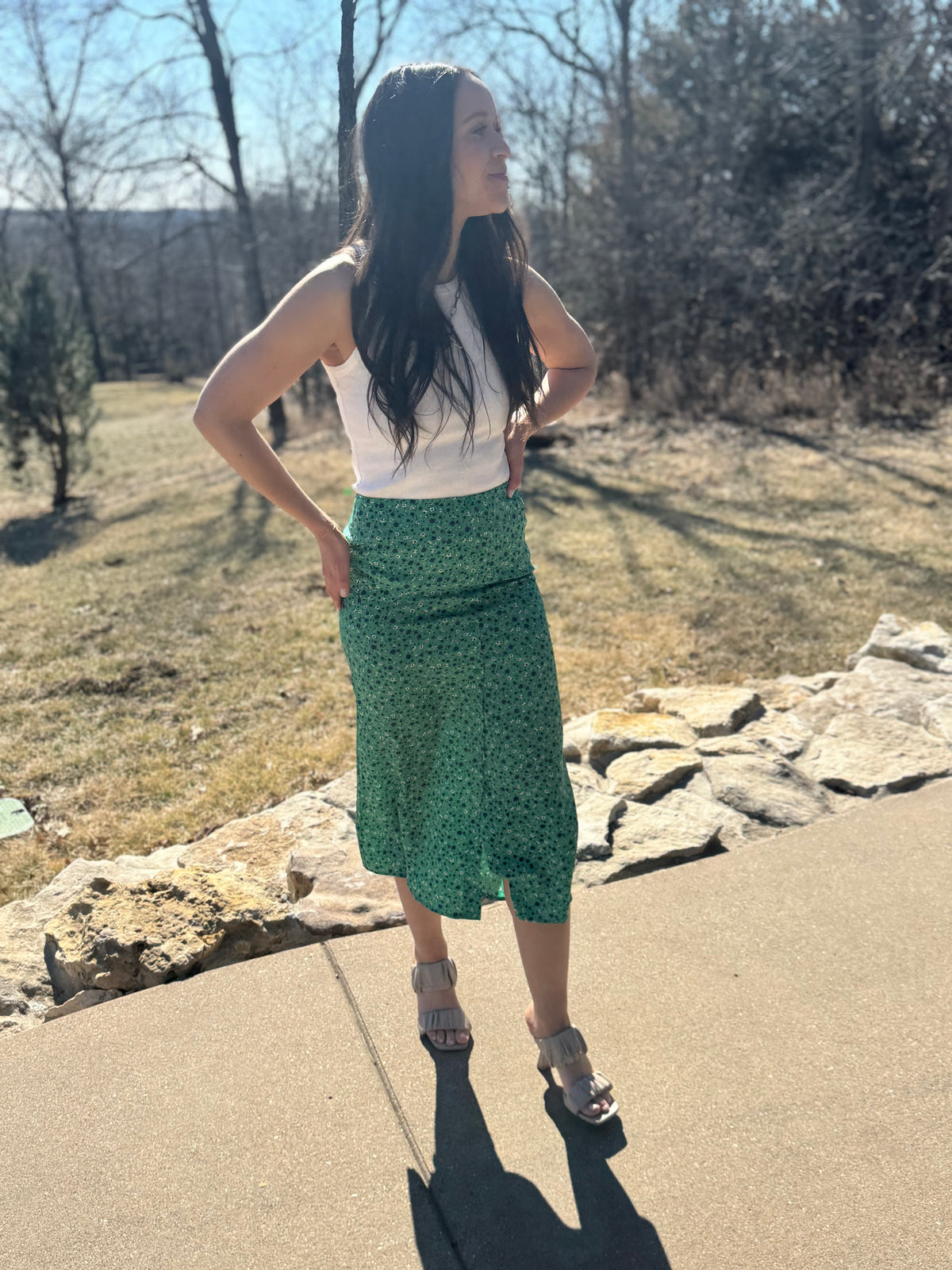 Green Floral Print Midi Skirt