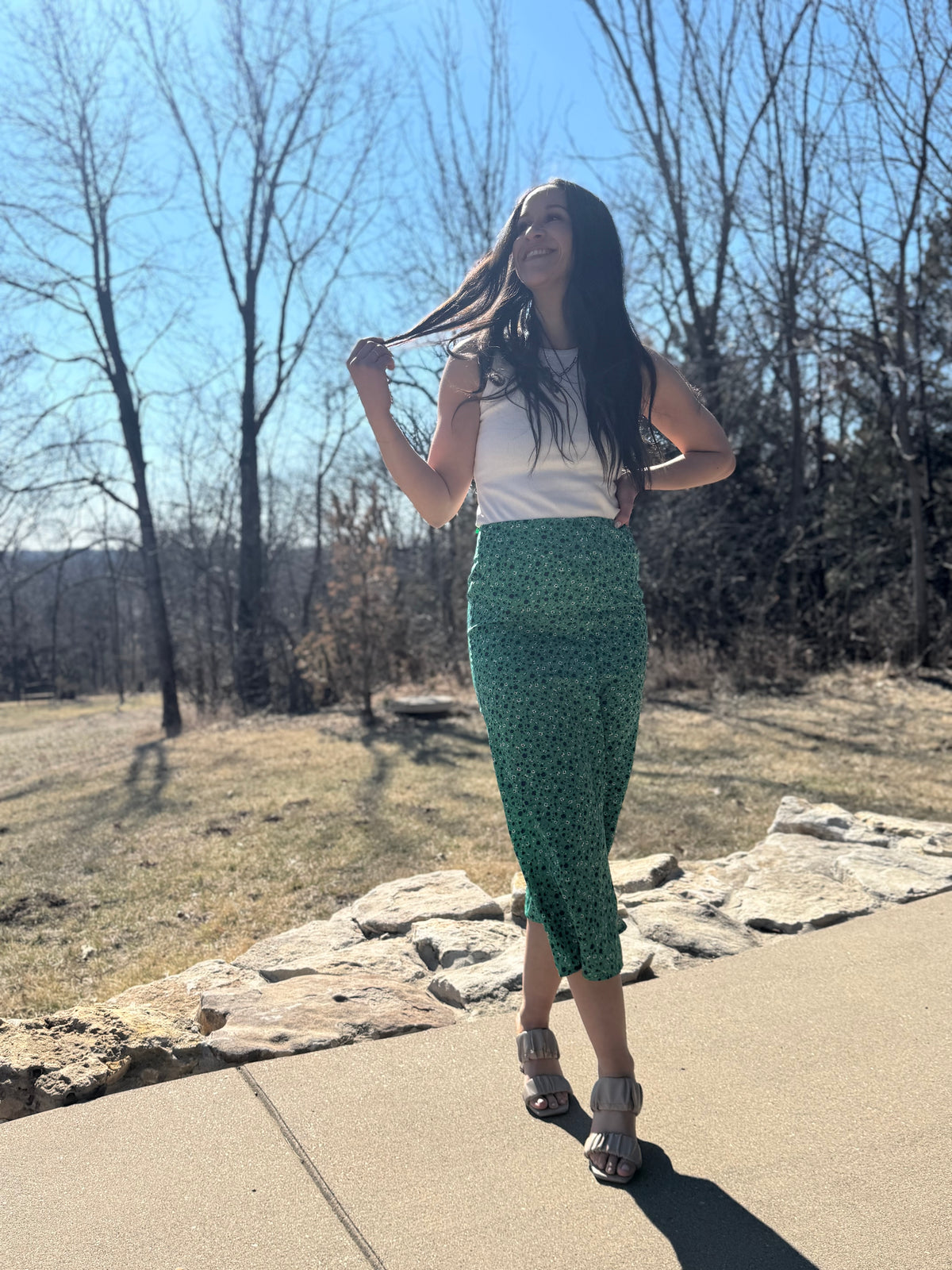 Green Floral Print Midi Skirt