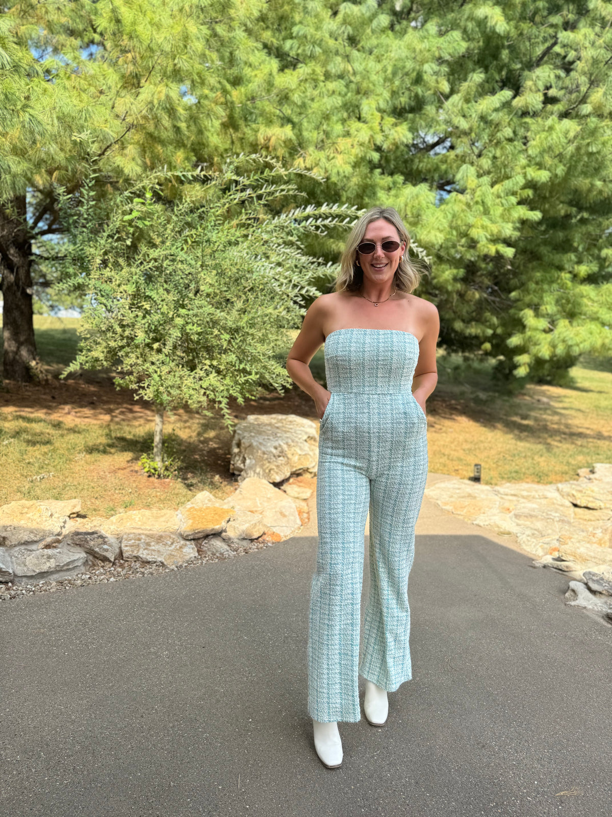 Teal Houndstooth Strapless Jumpsuit