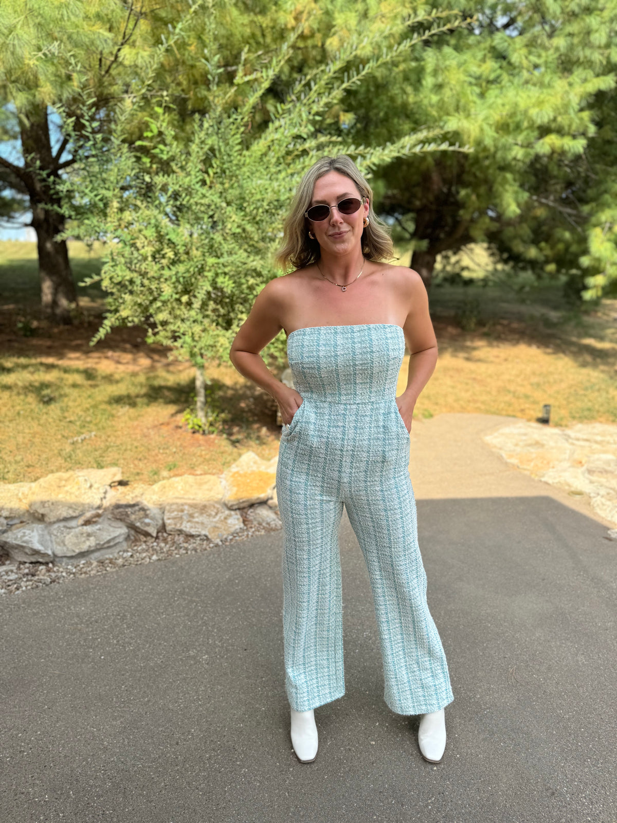 Teal Houndstooth Strapless Jumpsuit