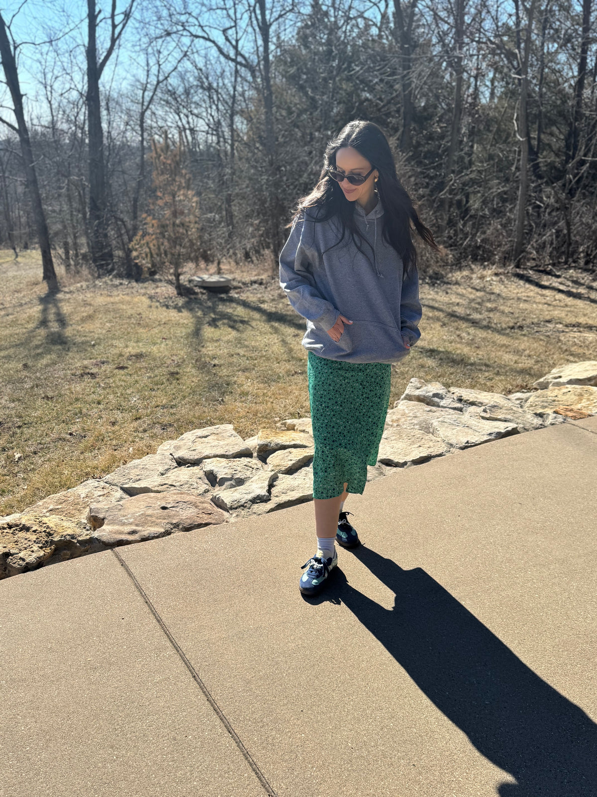 Green Floral Print Midi Skirt