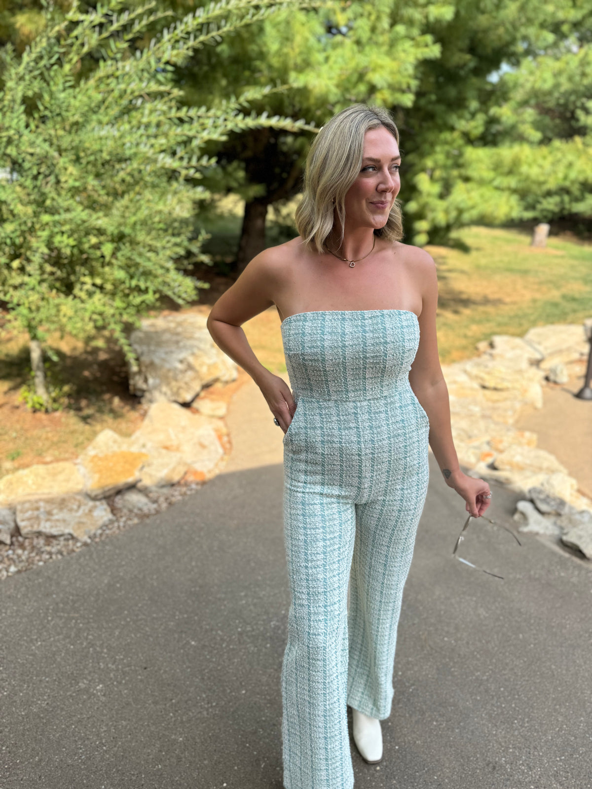 Teal Houndstooth Strapless Jumpsuit