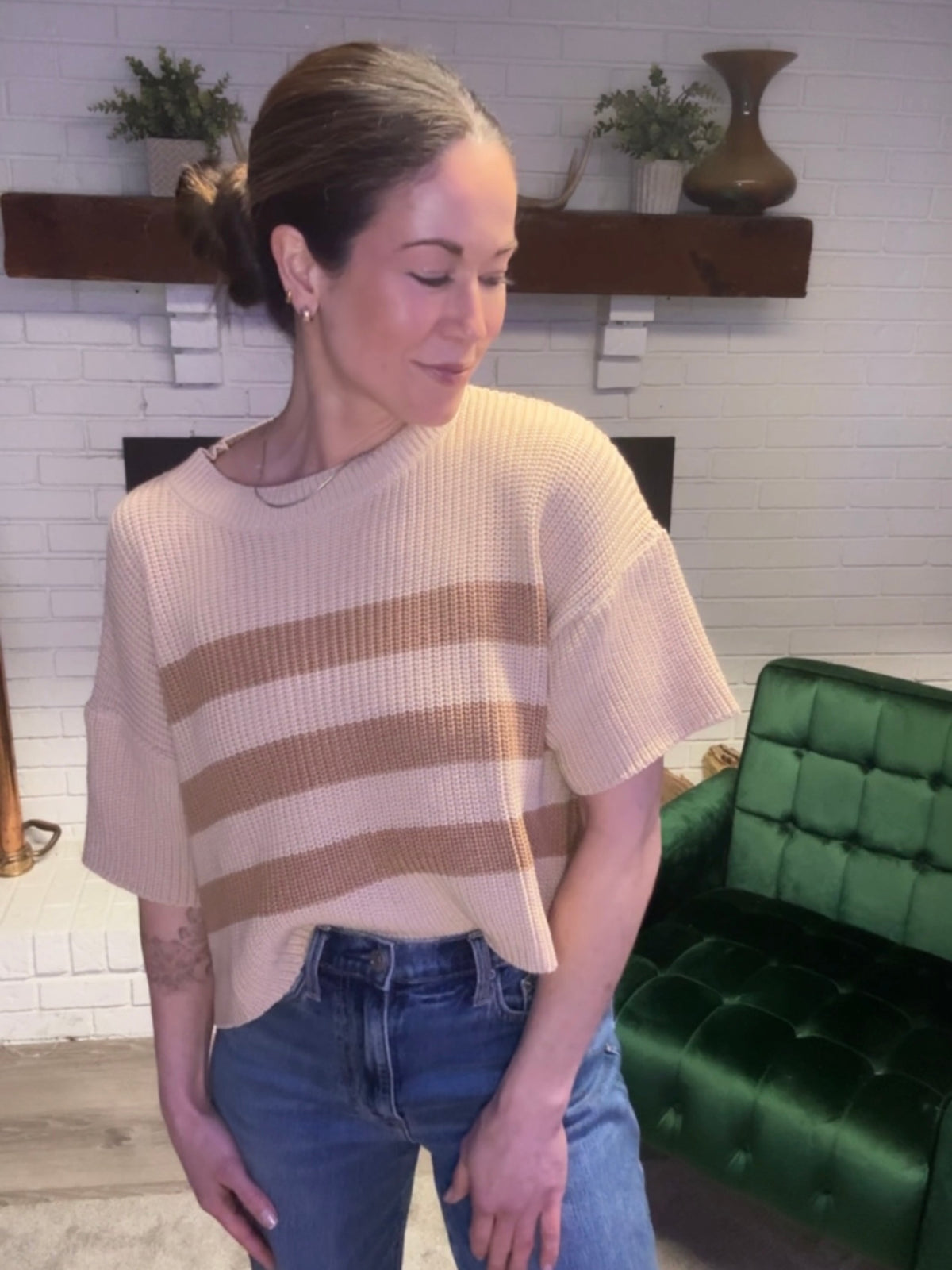 Beige & Brown Striped Short Sleeve Sweater