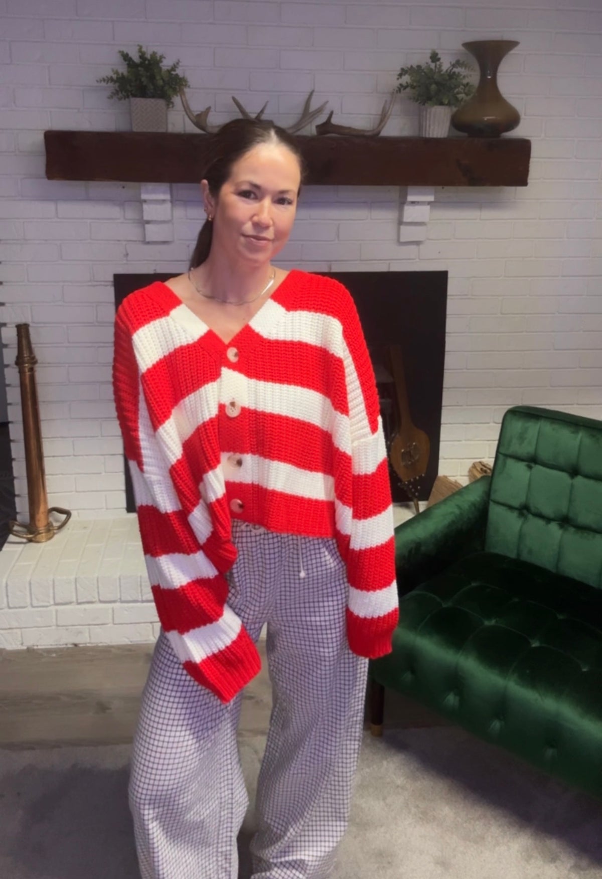 Red & Ivory Striped Cardigan