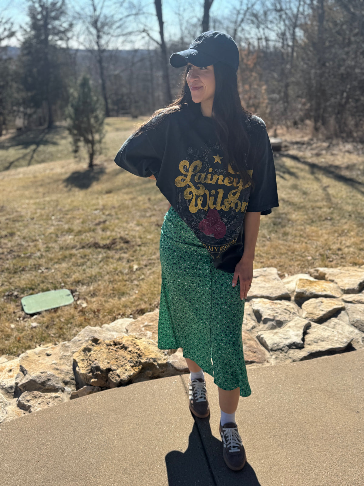 Green Floral Print Midi Skirt