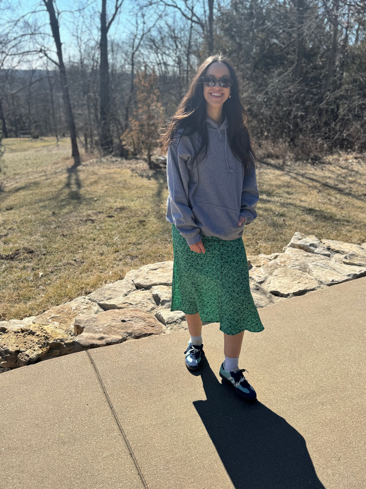 Green Floral Print Midi Skirt