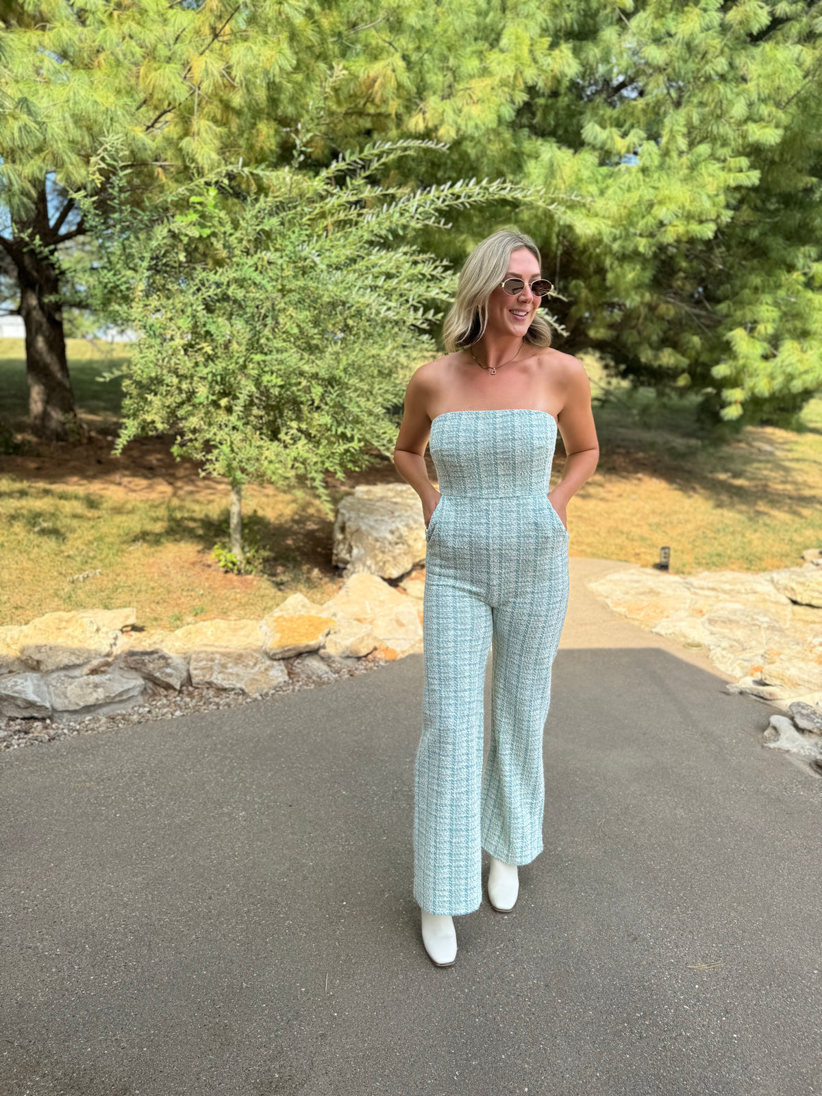 Teal Houndstooth Strapless Jumpsuit