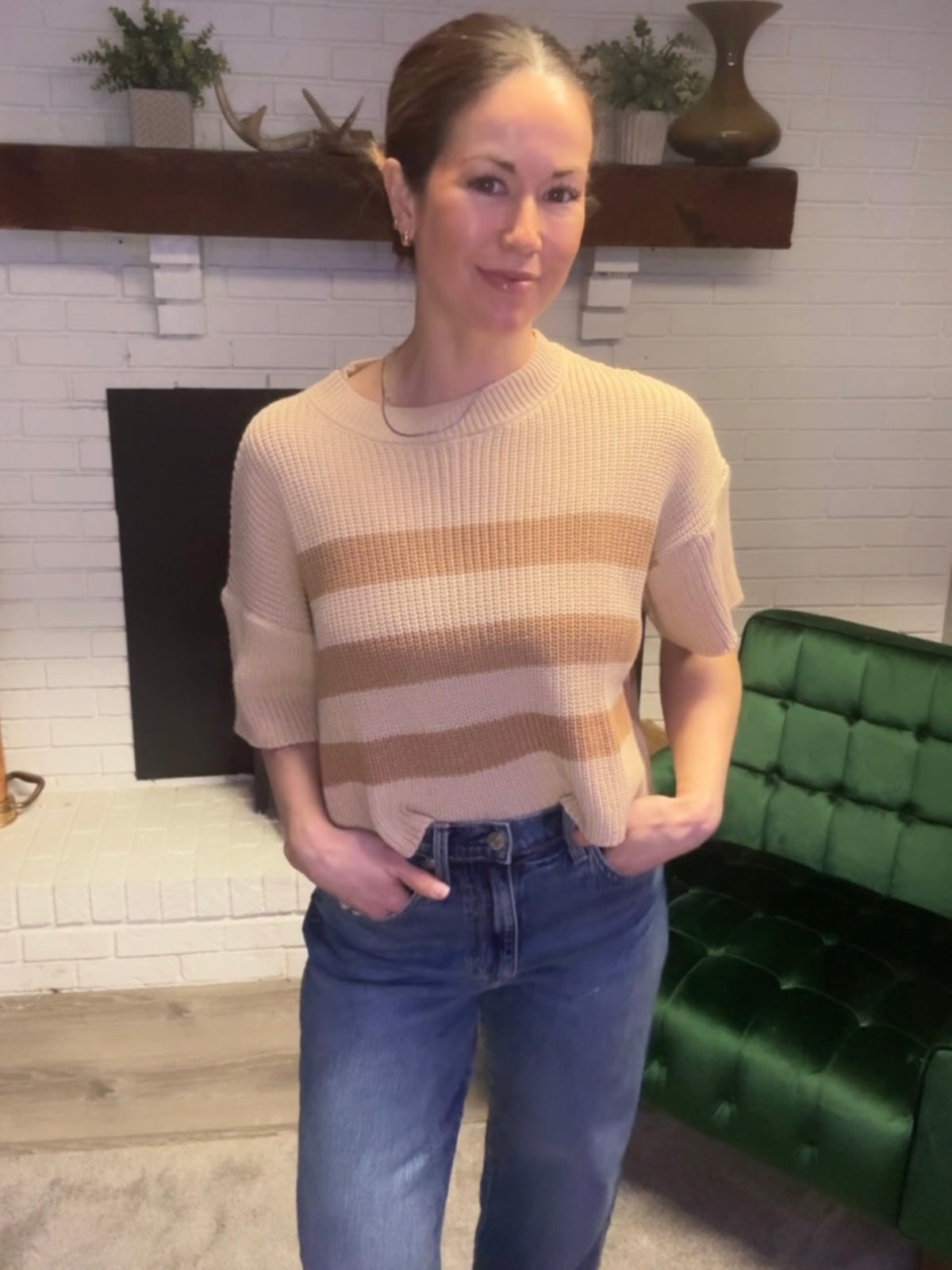 Beige & Brown Striped Short Sleeve Sweater