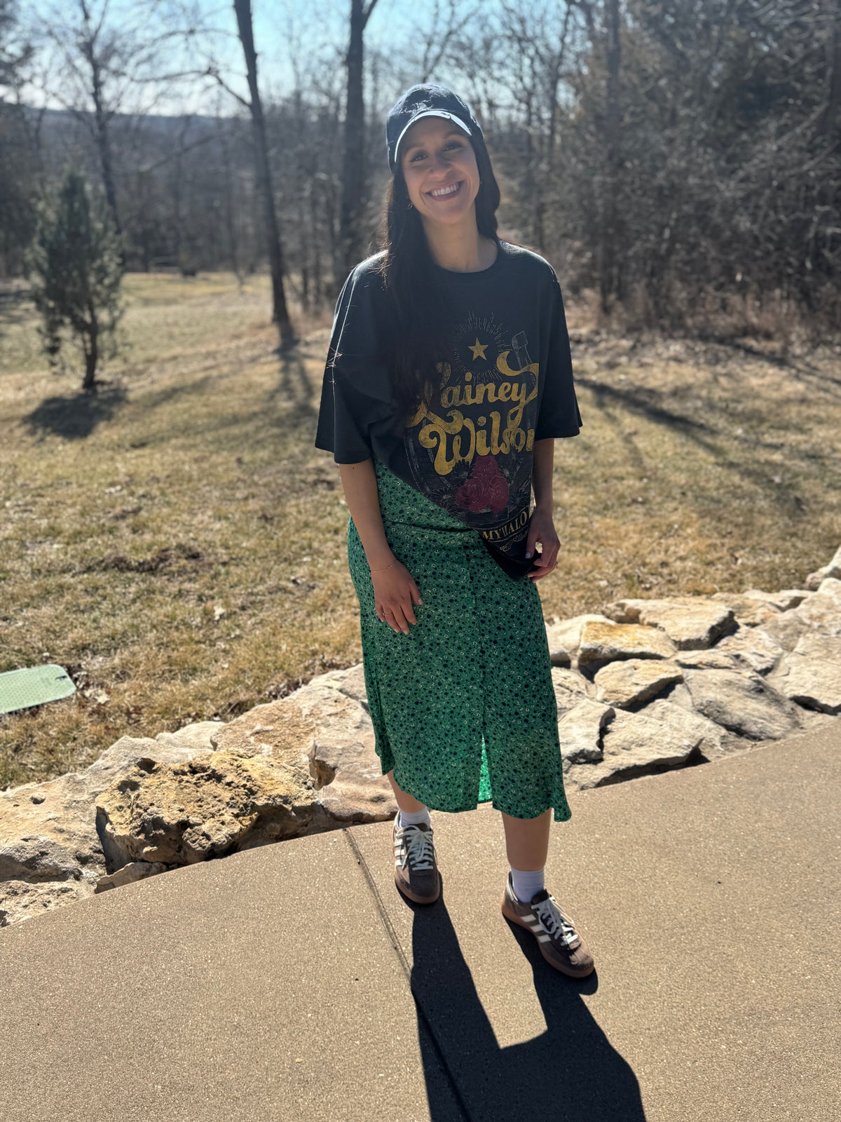 Green Floral Print Midi Skirt