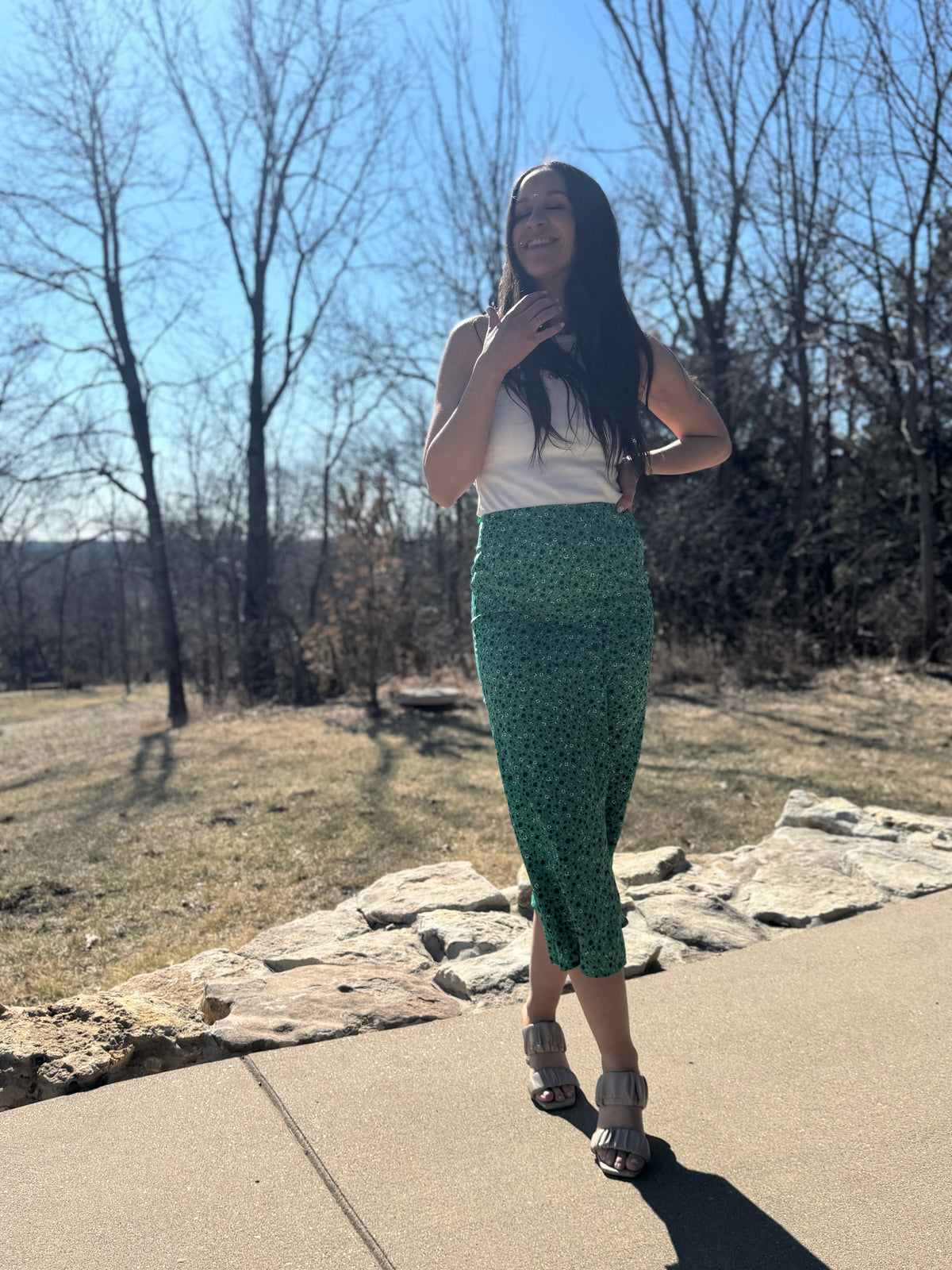 Green Floral Print Midi Skirt