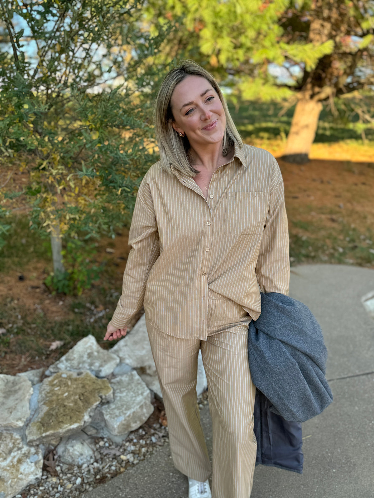 Camel Striped Woven Button Front Top