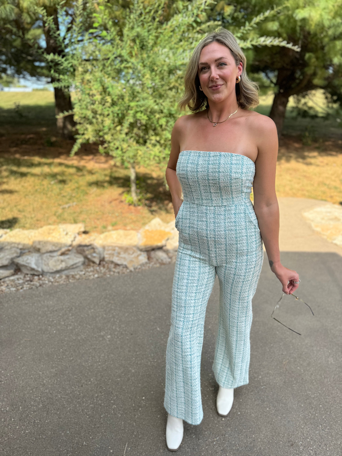 Teal Houndstooth Strapless Jumpsuit