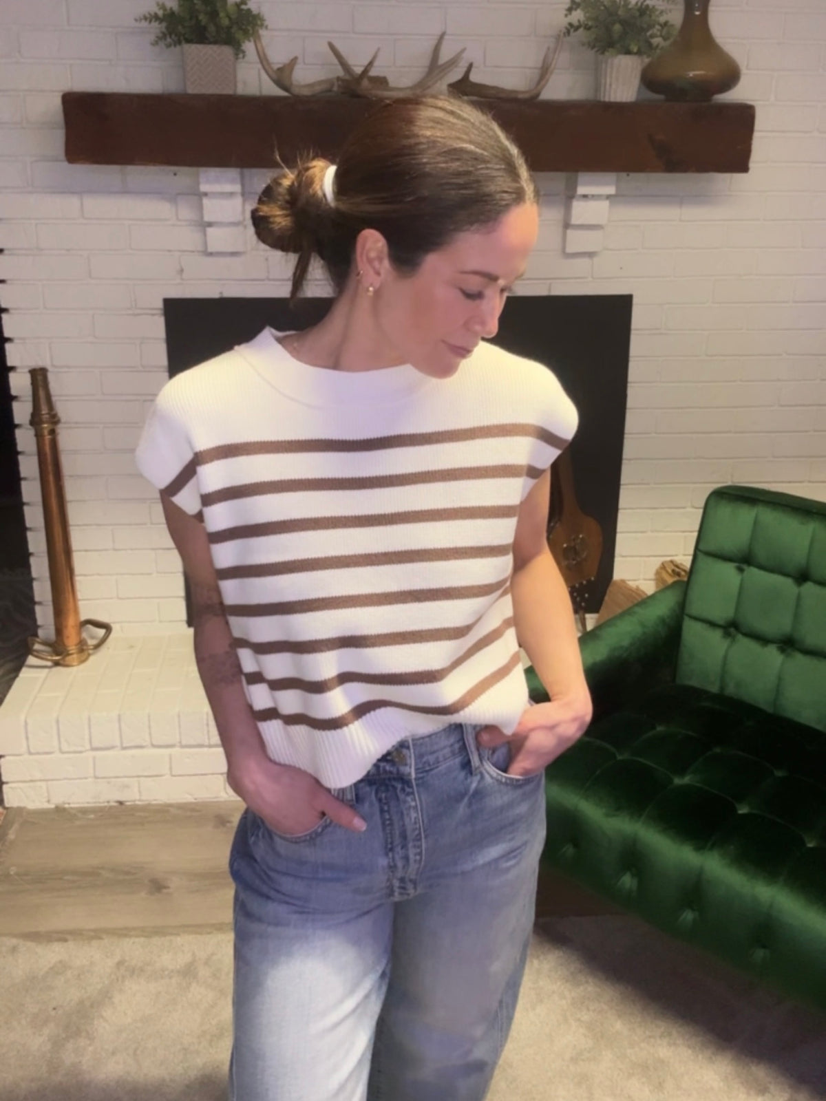 Off White & Brown Striped Sleeveless Sweater