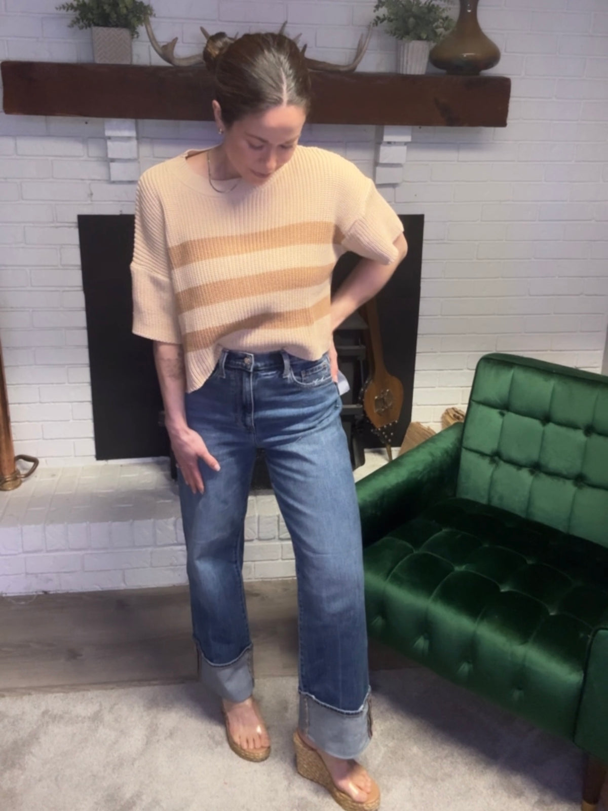 Beige & Brown Striped Short Sleeve Sweater