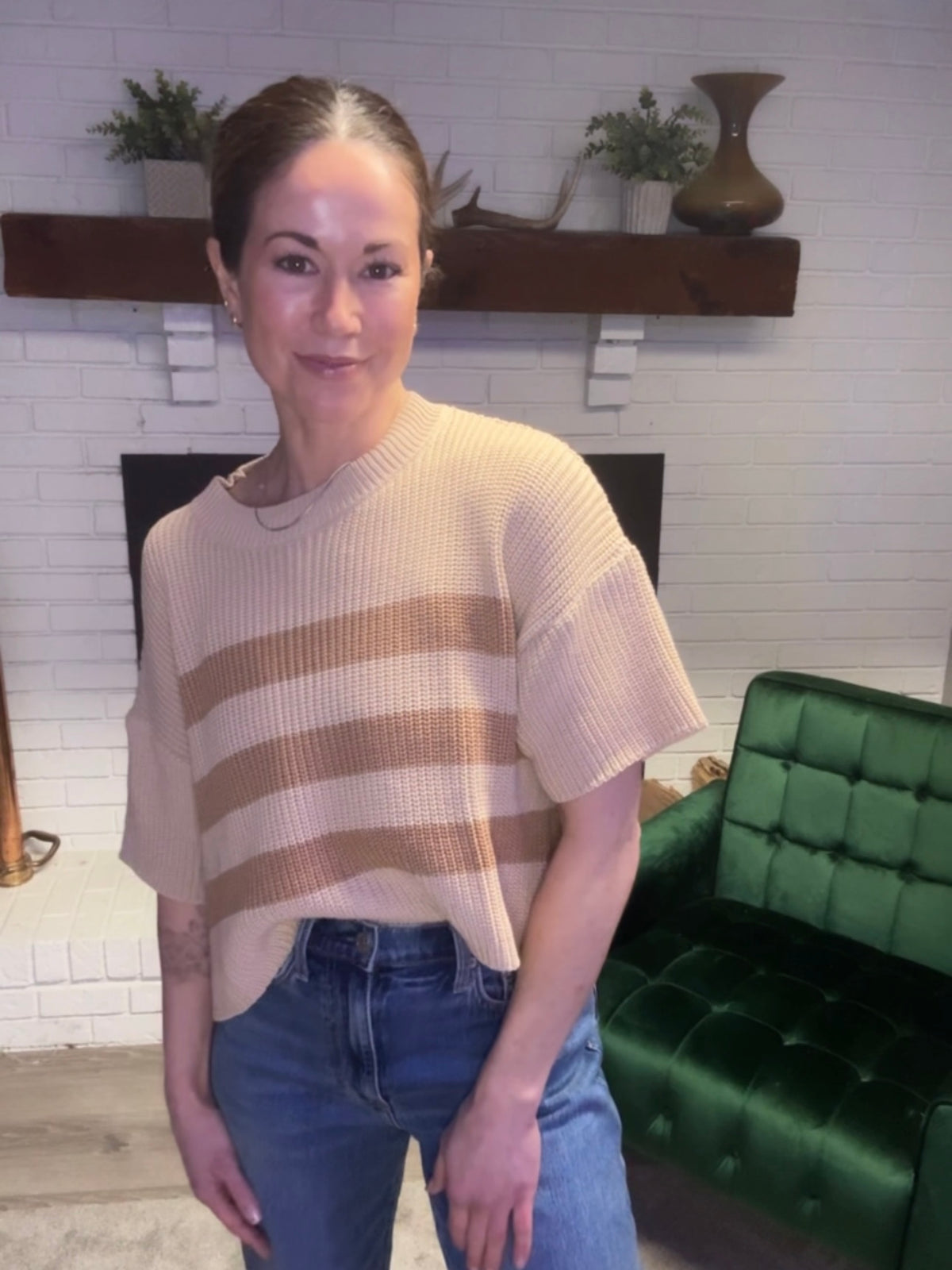 Beige & Brown Striped Short Sleeve Sweater