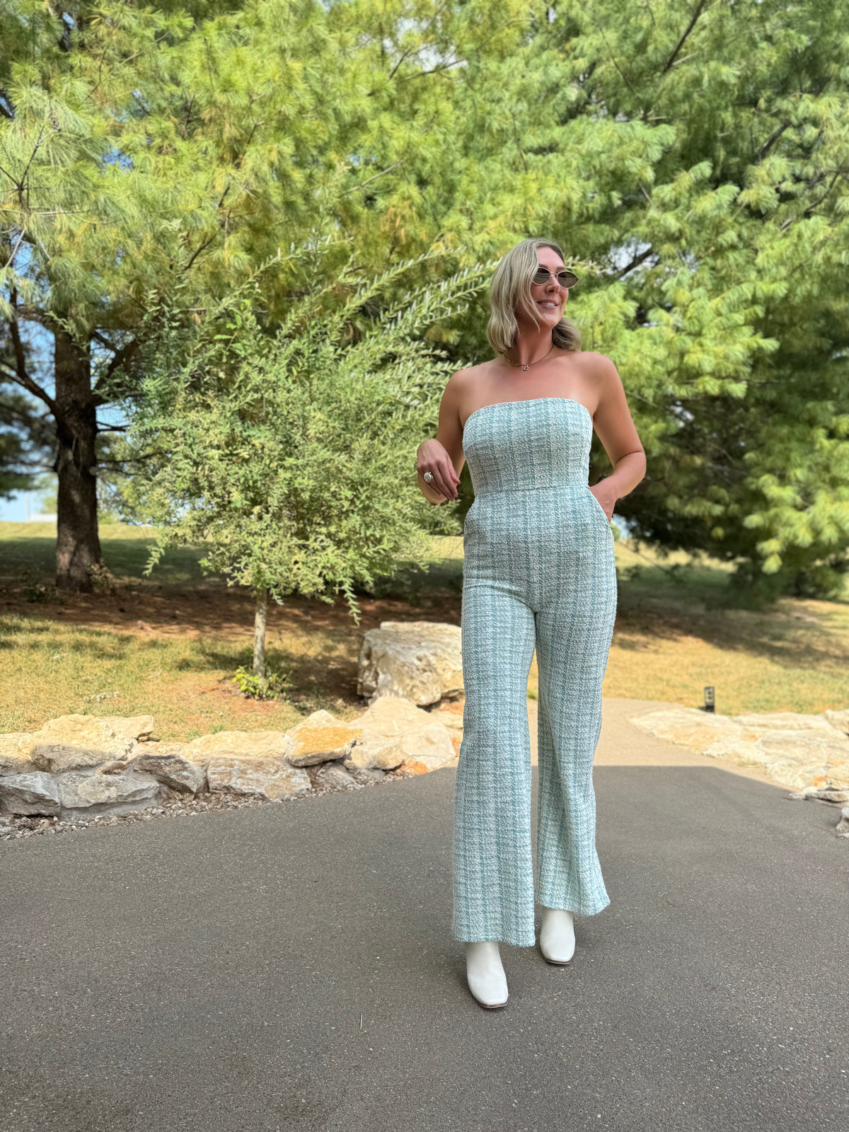 Teal Houndstooth Strapless Jumpsuit