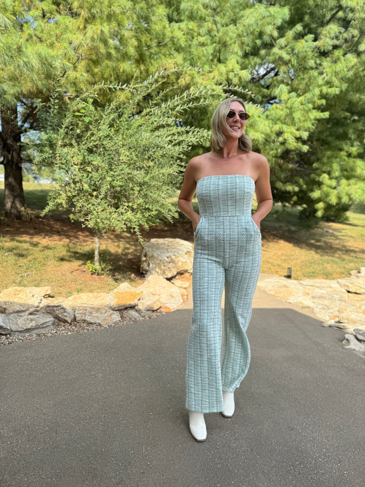 Teal Houndstooth Strapless Jumpsuit