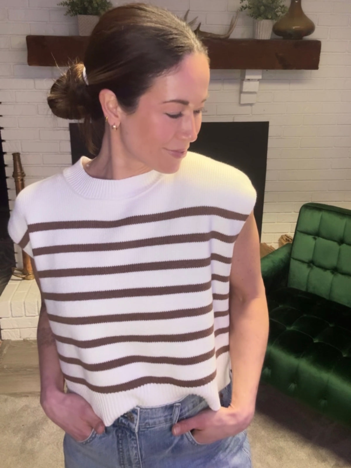 Off White & Brown Striped Sleeveless Sweater