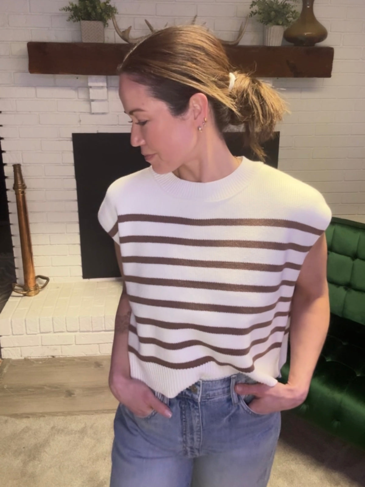 Off White & Brown Striped Sleeveless Sweater