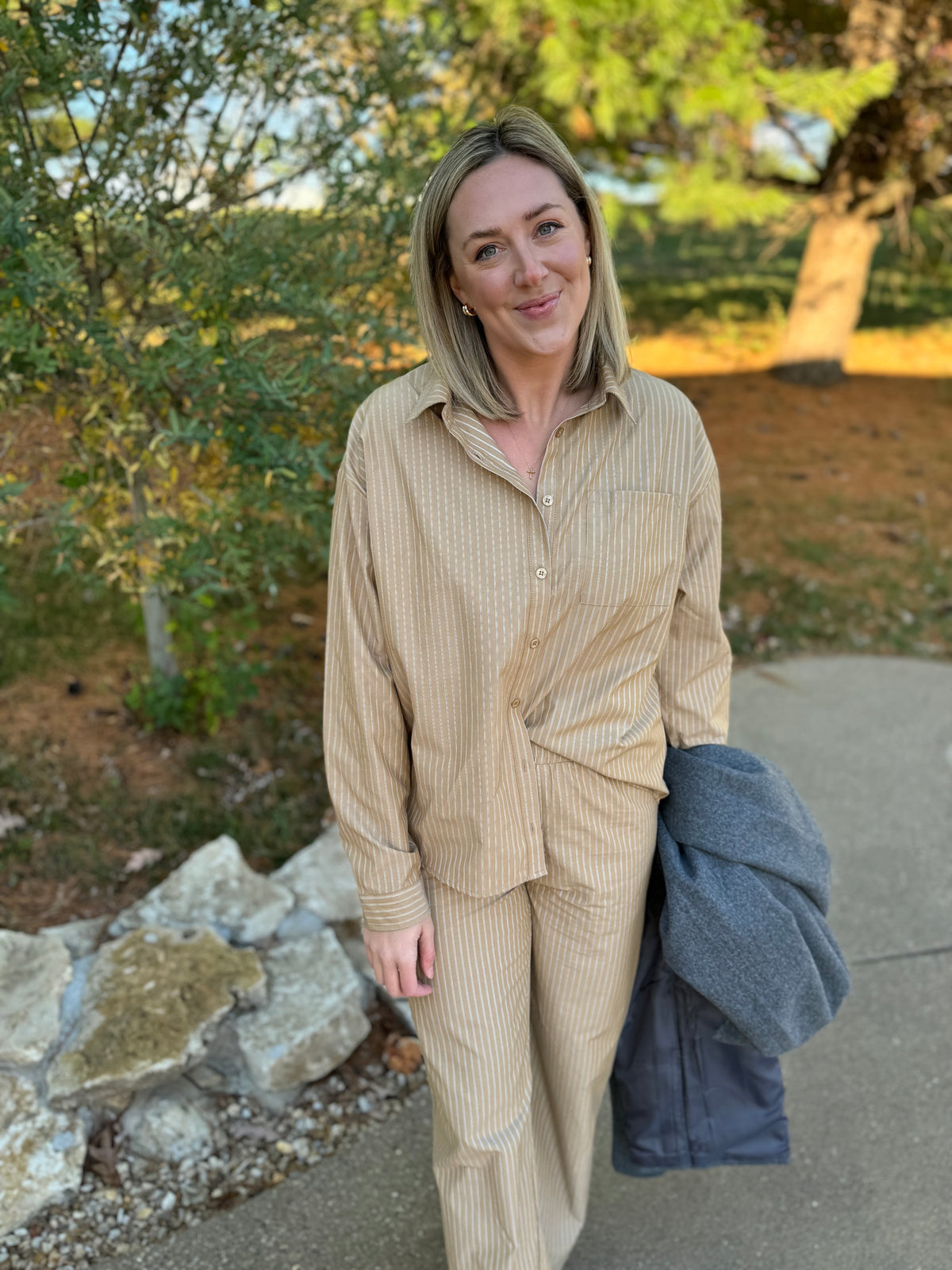 Camel Striped Woven Button Front Top