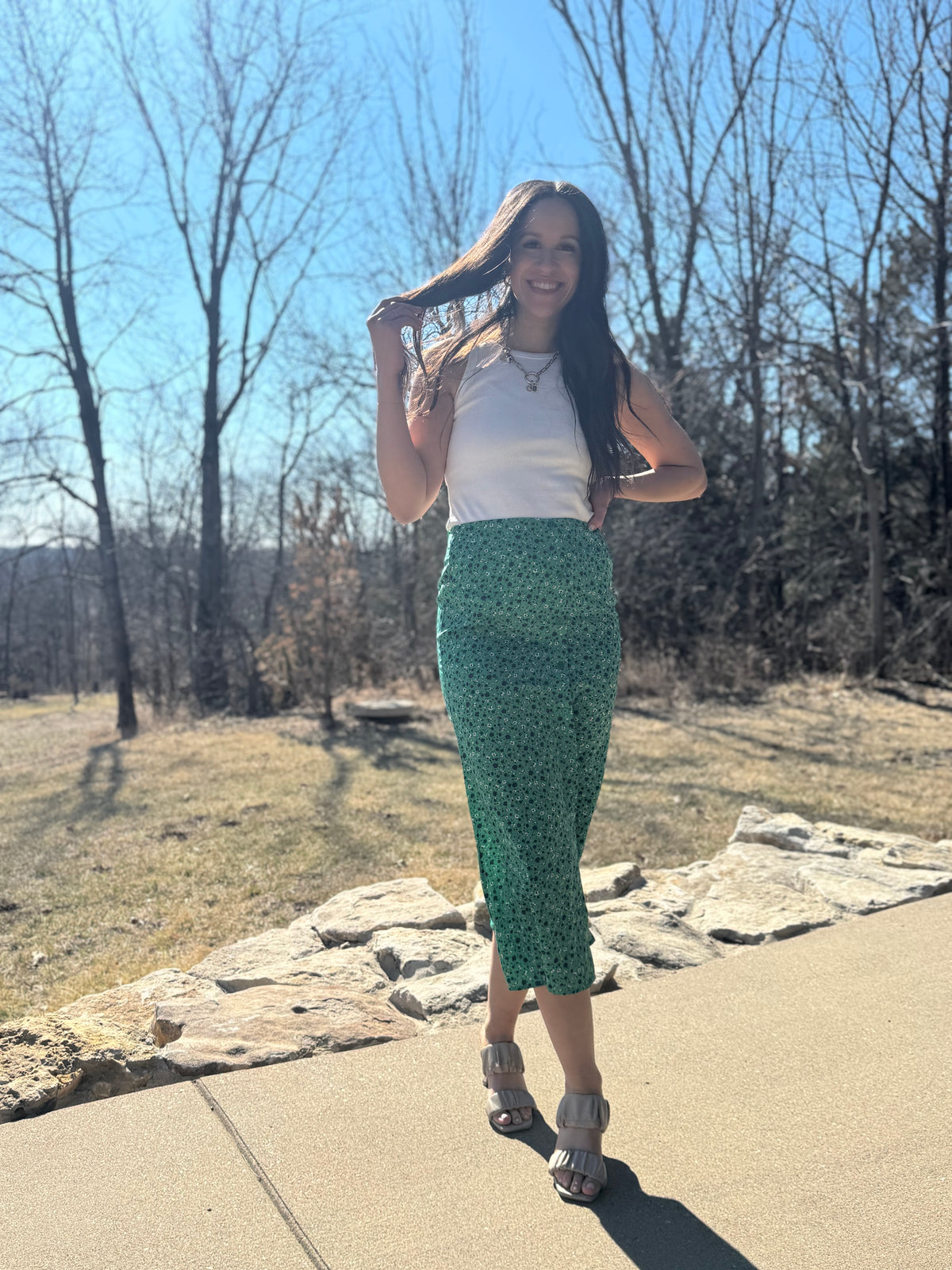 Green Floral Print Midi Skirt