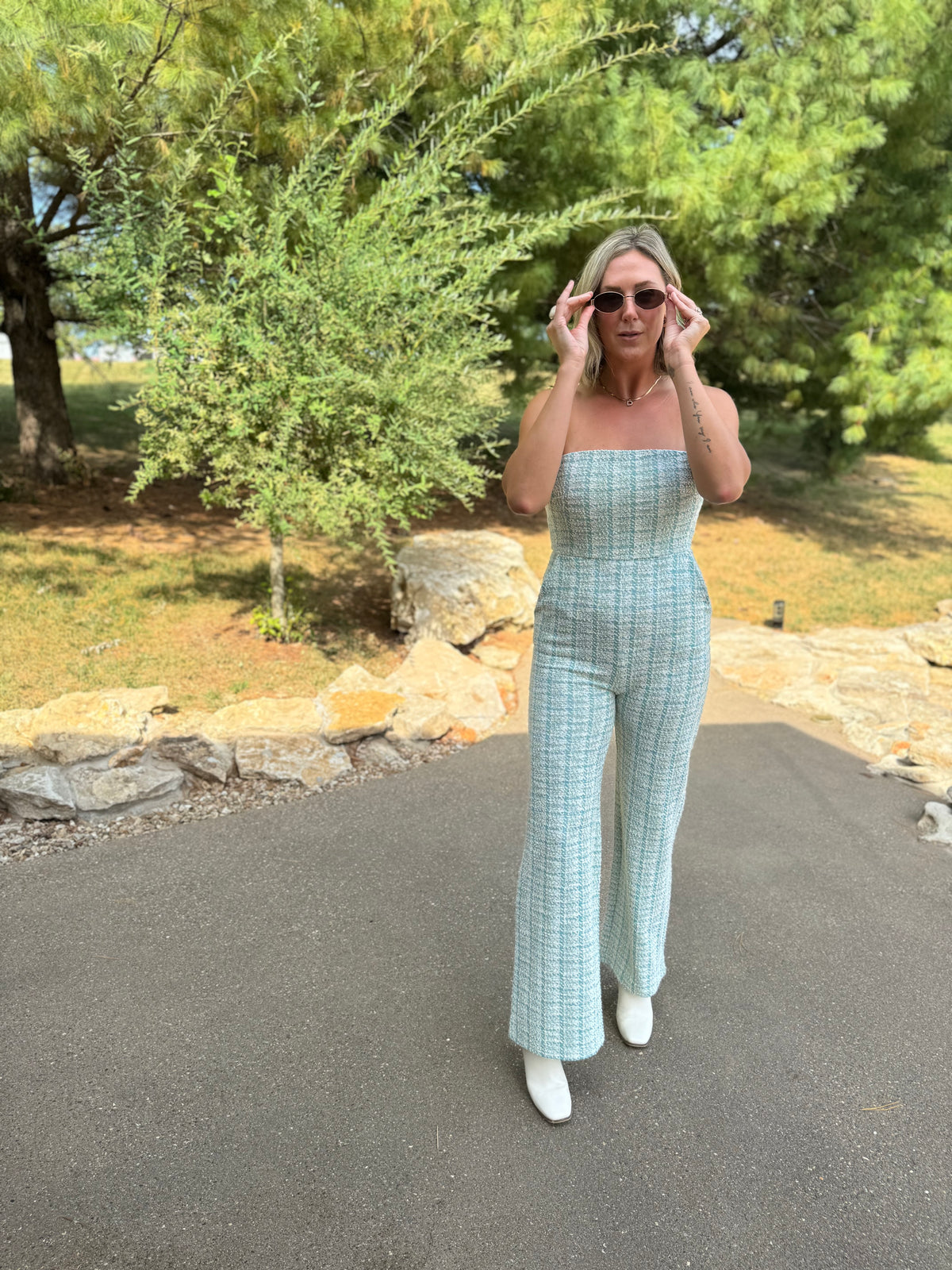 Teal Houndstooth Strapless Jumpsuit