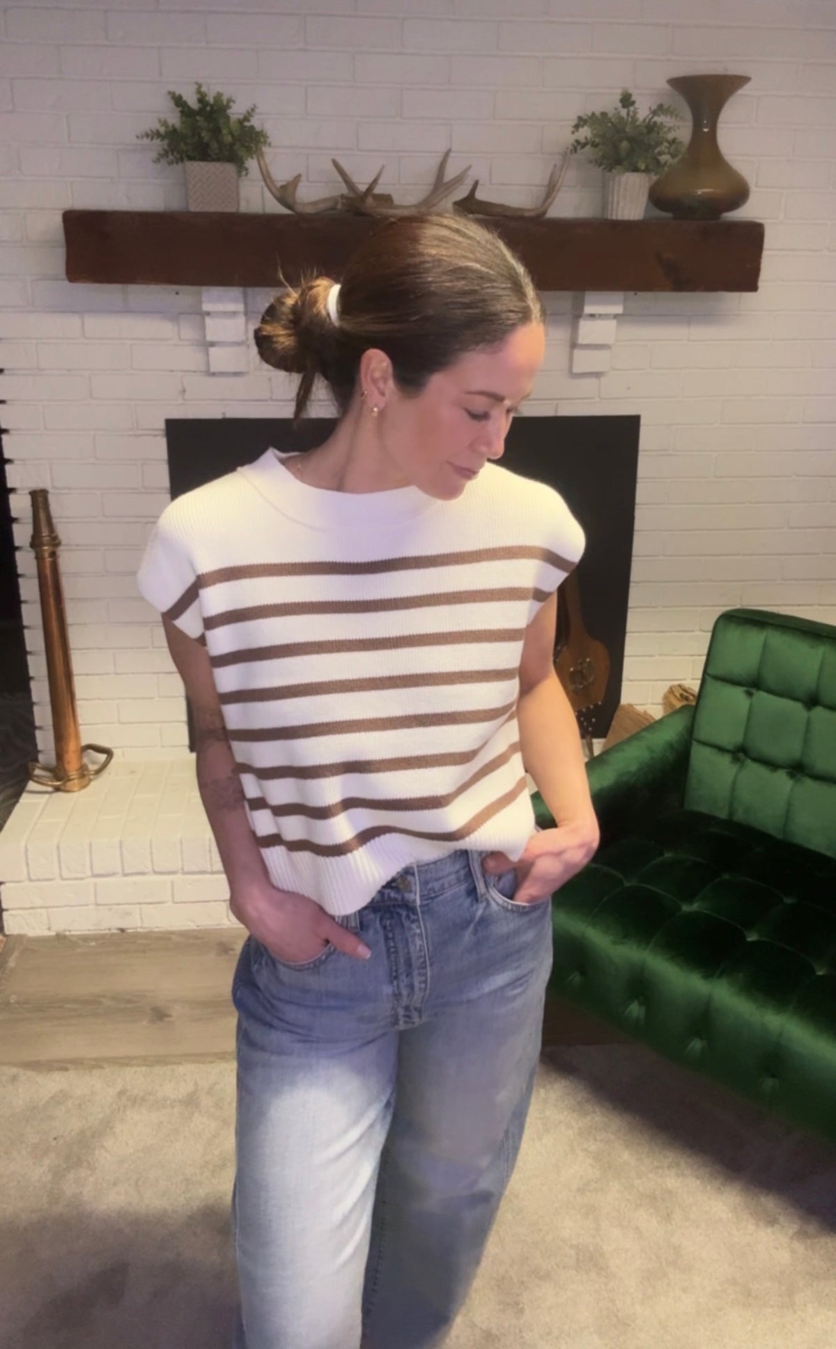 Off White & Brown Striped Sleeveless Sweater