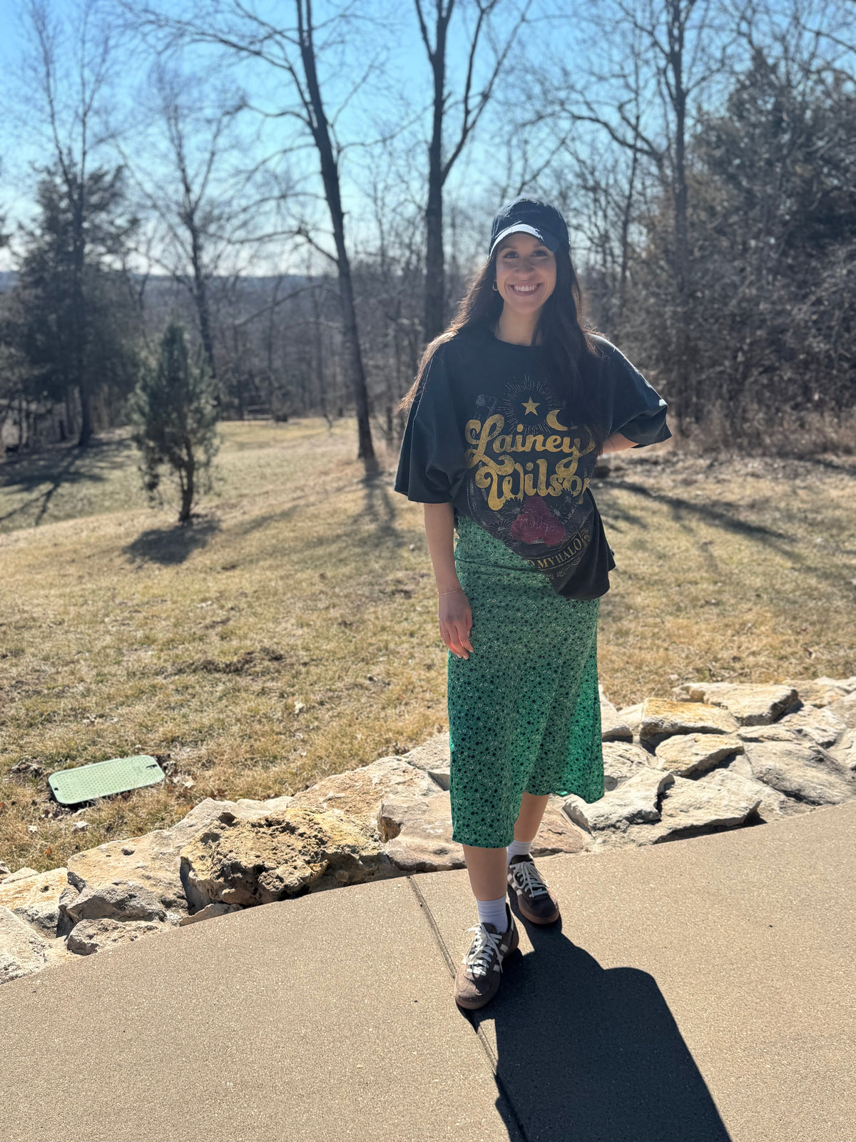 Green Floral Print Midi Skirt