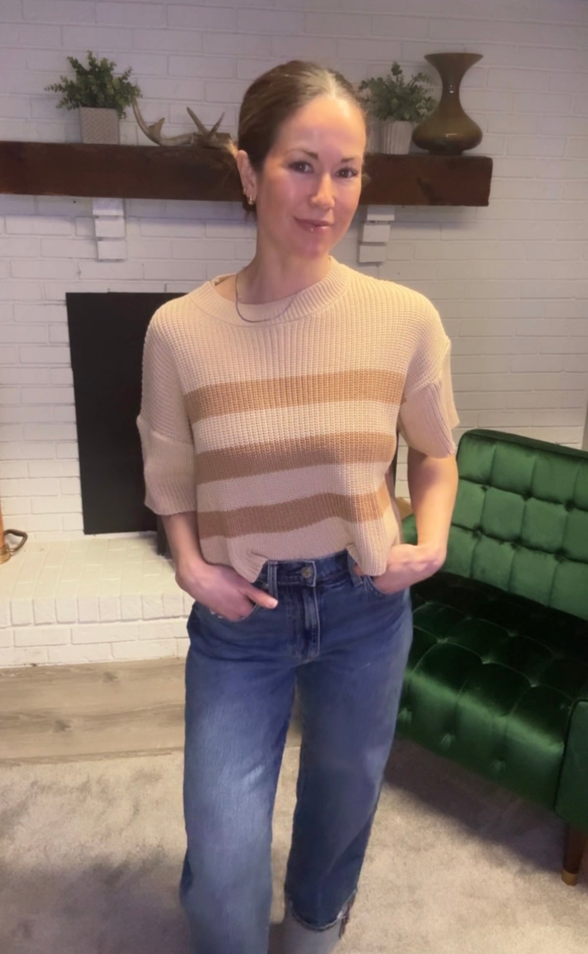 Beige & Brown Striped Short Sleeve Sweater