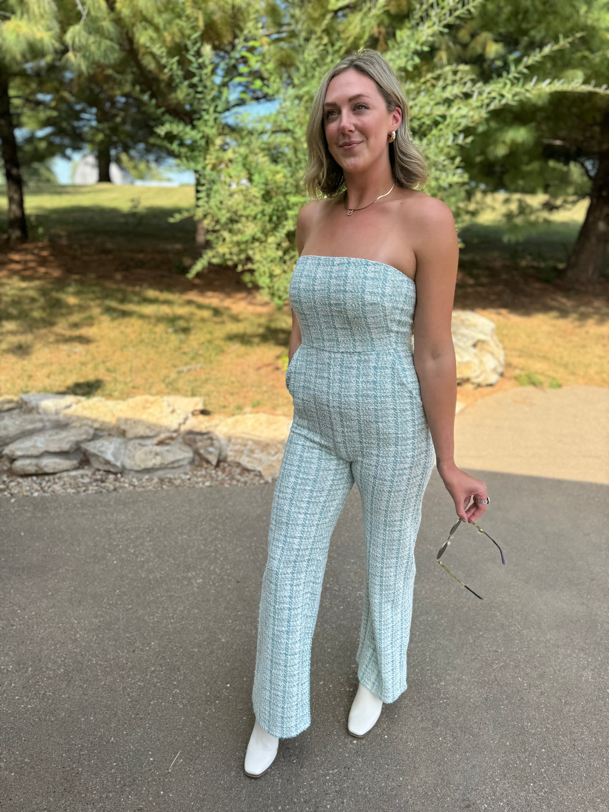 Teal Houndstooth Strapless Jumpsuit