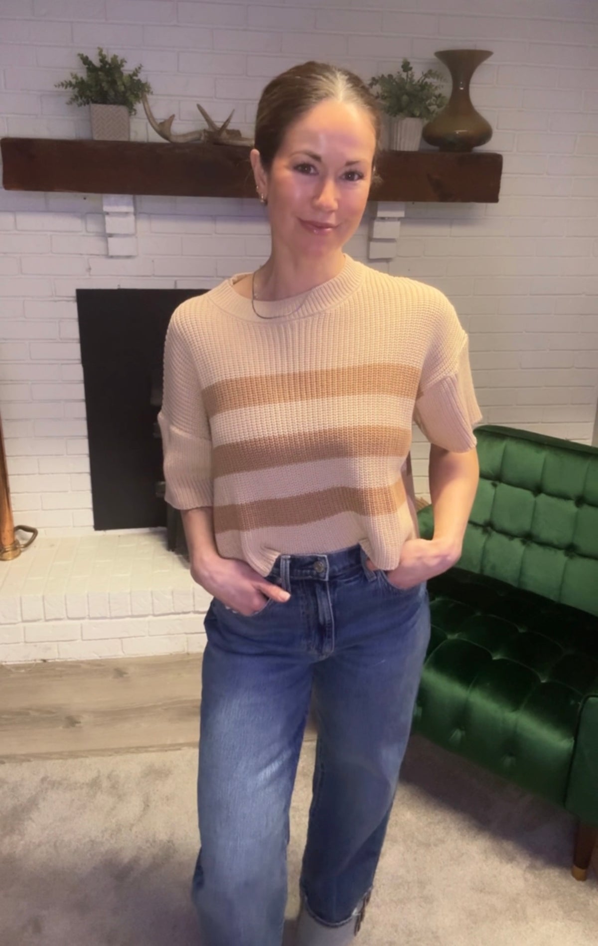 Beige & Brown Striped Short Sleeve Sweater