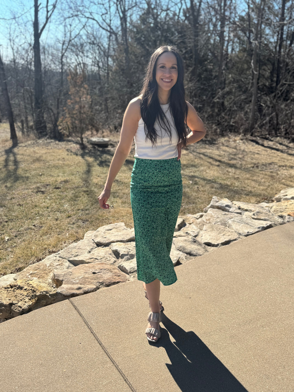 Green Floral Print Midi Skirt