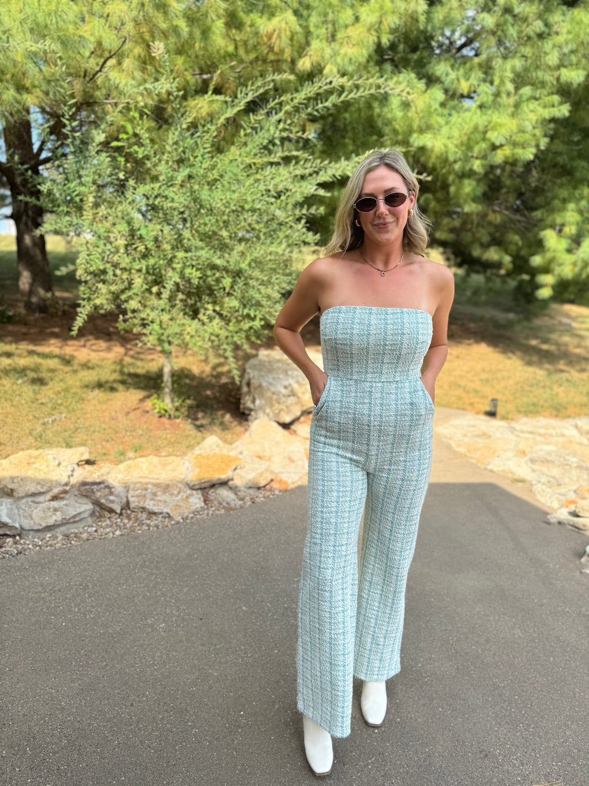 Teal Houndstooth Strapless Jumpsuit