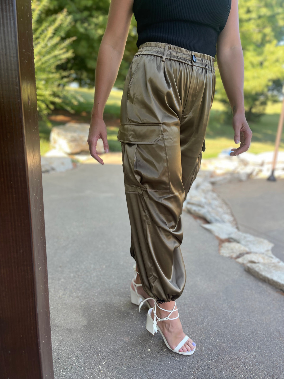 Olive Satin Parachute Cargo Pants