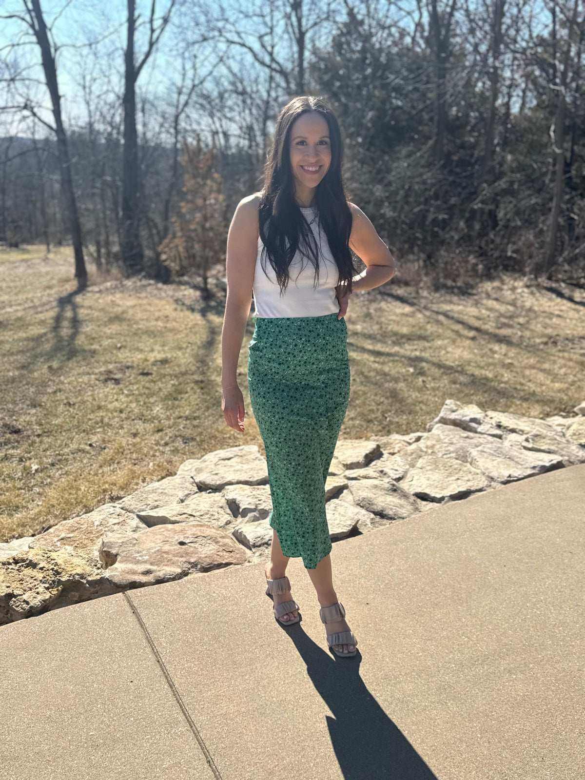 Green Floral Print Midi Skirt