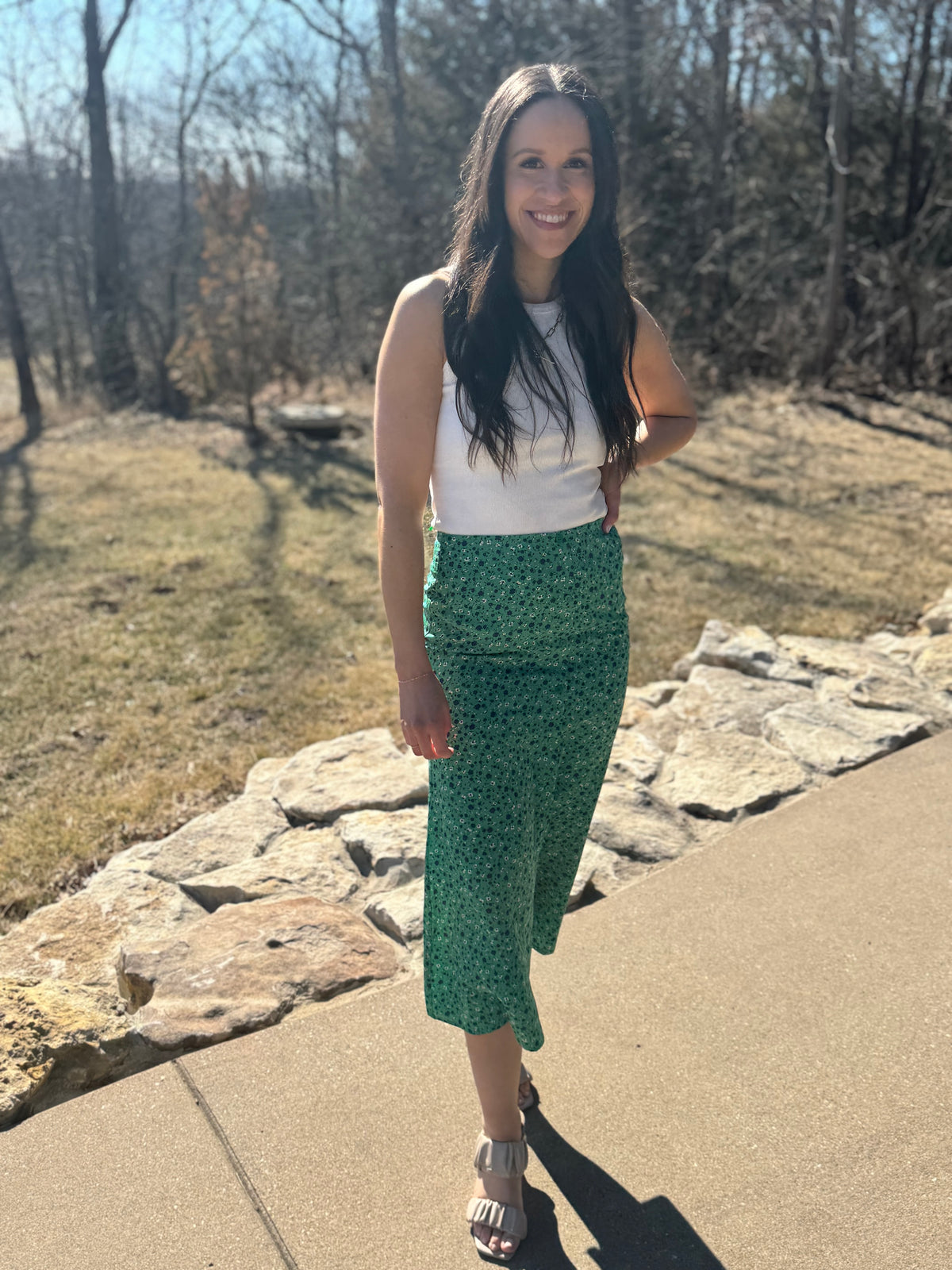 Green Floral Print Midi Skirt