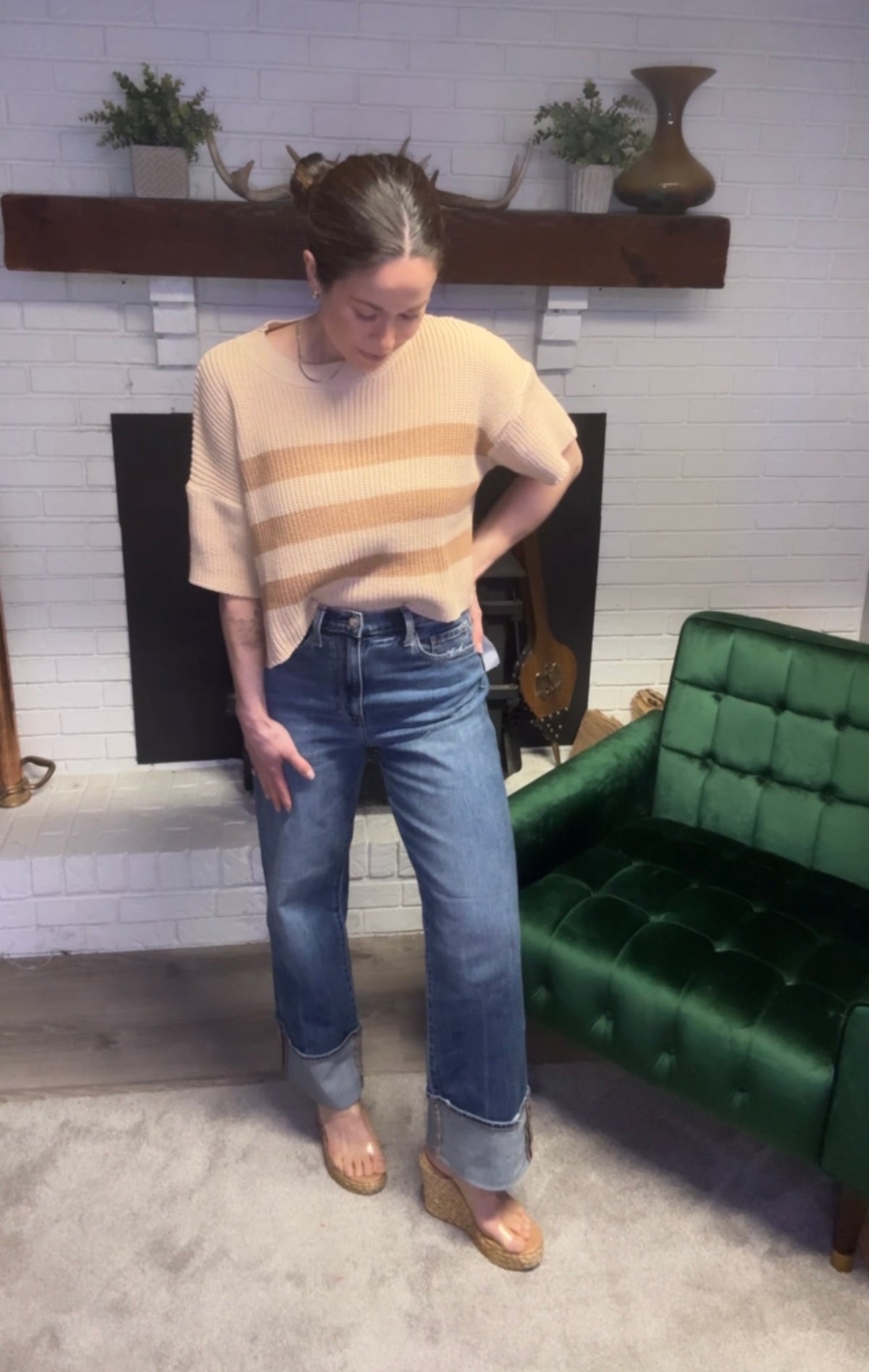 Beige & Brown Striped Short Sleeve Sweater