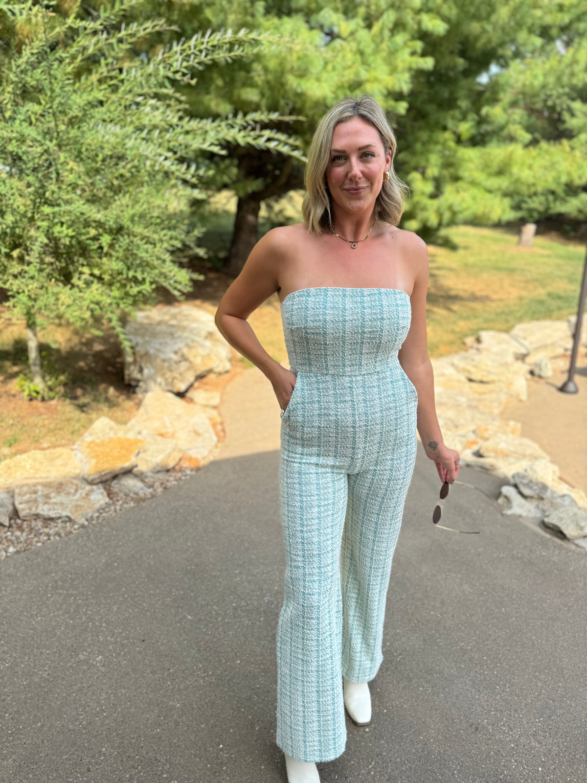 Teal Houndstooth Strapless Jumpsuit