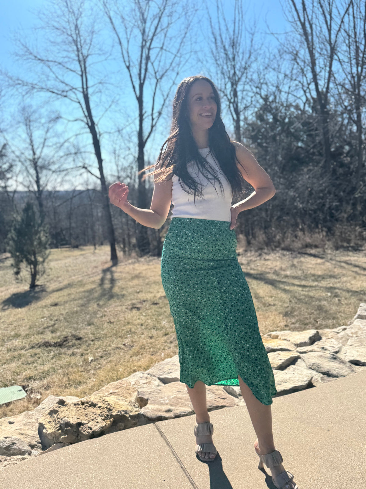 Green Floral Print Midi Skirt