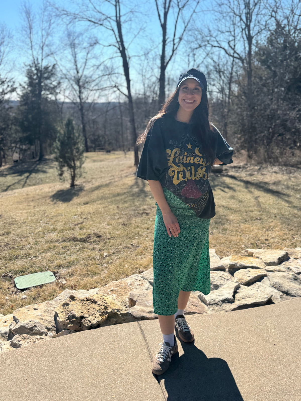 Green Floral Print Midi Skirt