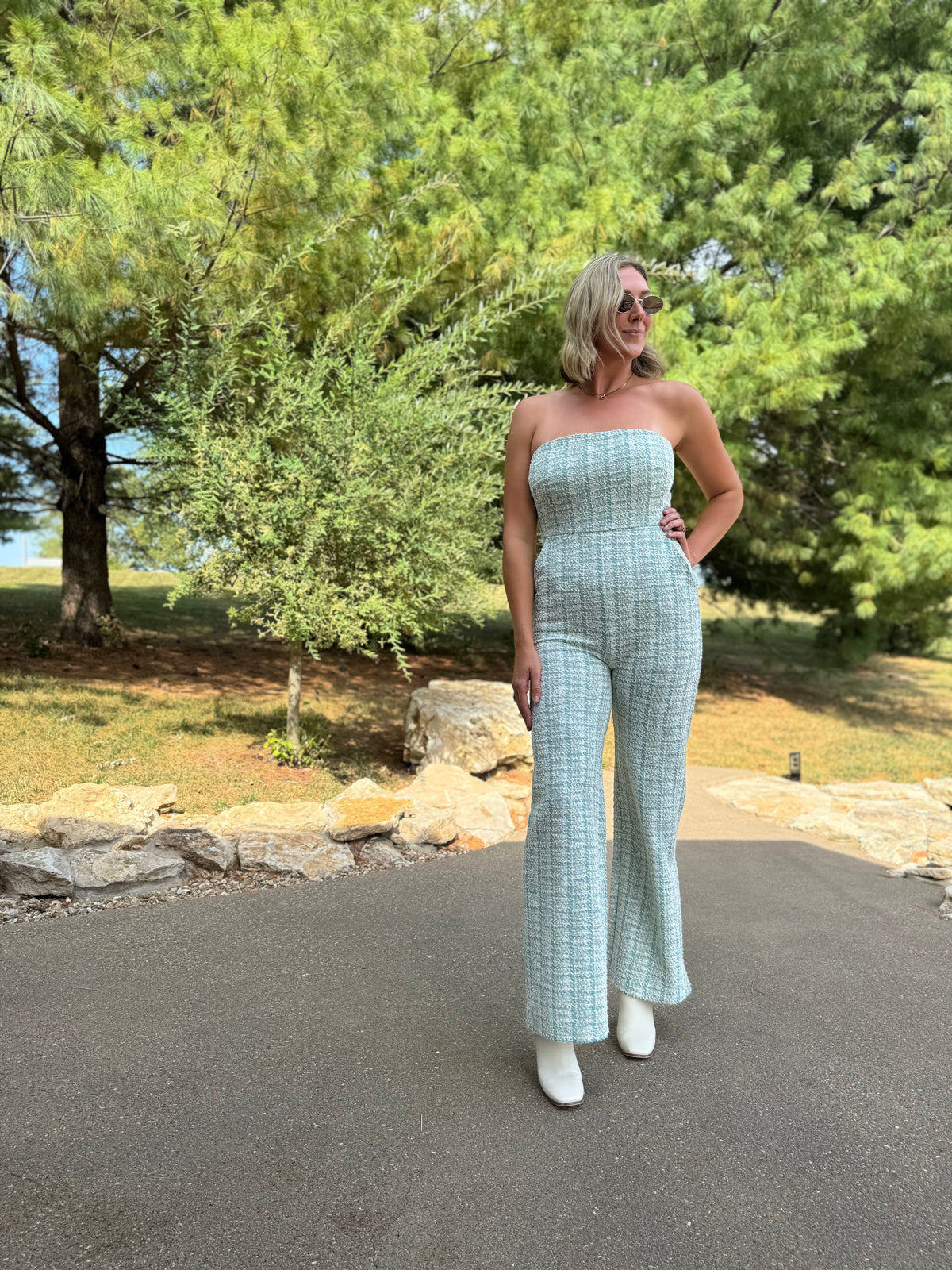 Teal Houndstooth Strapless Jumpsuit