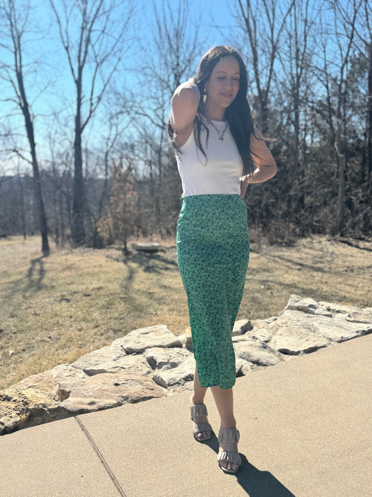 Green Floral Print Midi Skirt