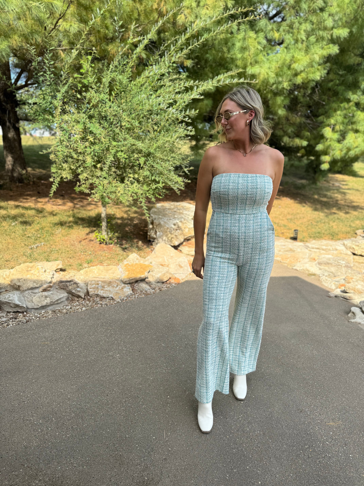 Teal Houndstooth Strapless Jumpsuit